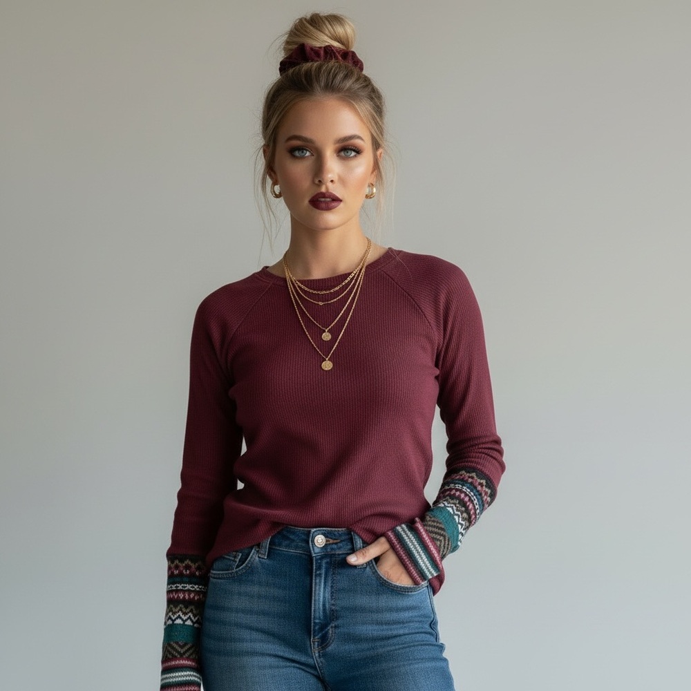 Maroon Raglan Fair Isle Sleeve Pull Over Thermal Shirt w/ Matching Scrunchie